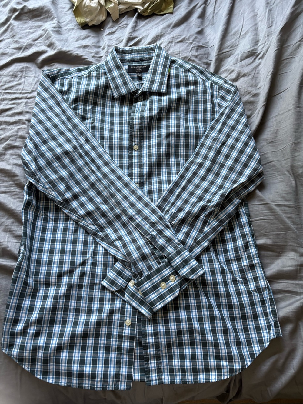 Banana Republic Men's Plaid Dress Shirt - Blue, Black, White